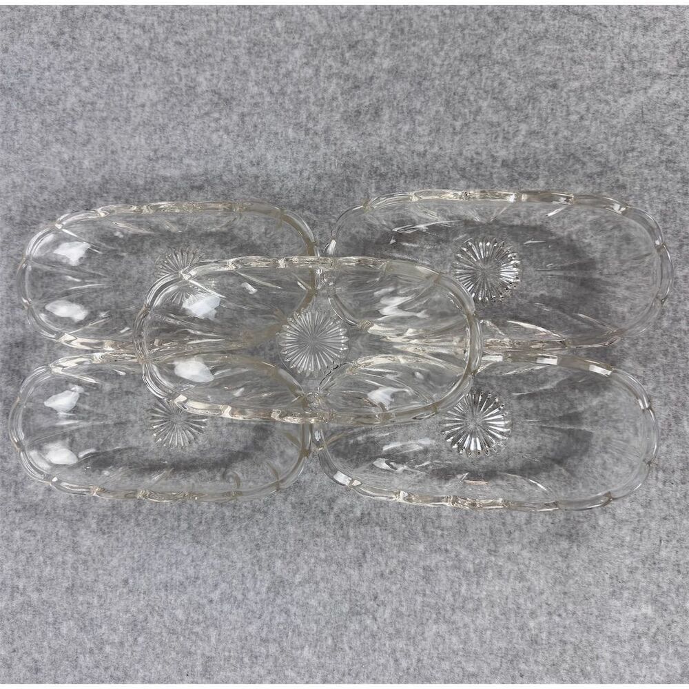 Vintage Starburst Clear Glass Oblong Banana Split Serving Dish Set Of 5 - Picture 3 of 10